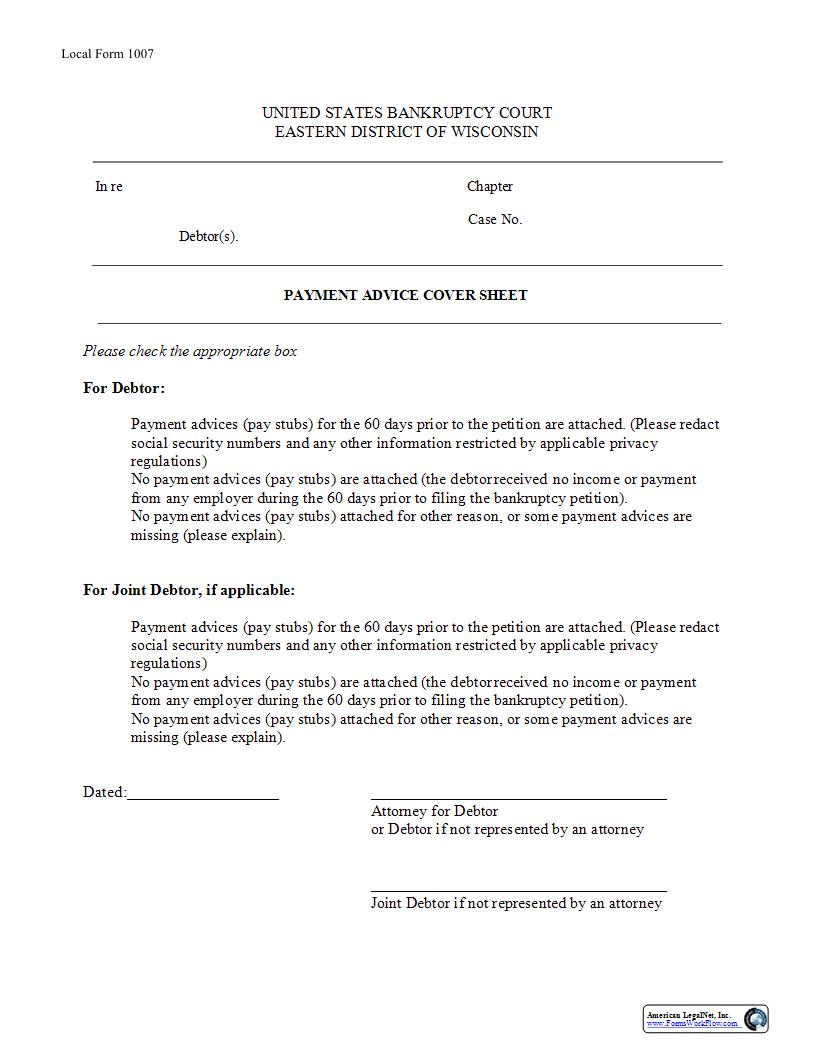 Payment Advice Cover Sheet {LF-1007} | Pdf Fpdf Docx | Wisconsin