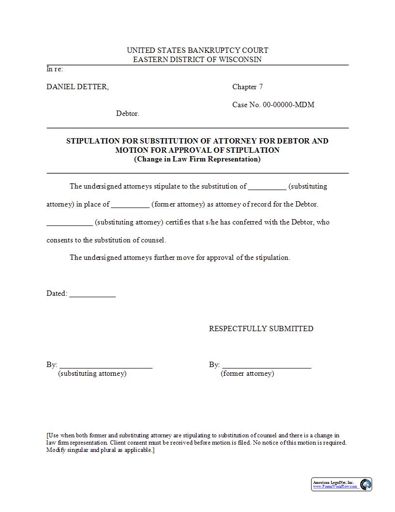 Stipulation For Substitution Of Attorney Change Of Firm | Pdf Fpdf Docx | Wisconsin