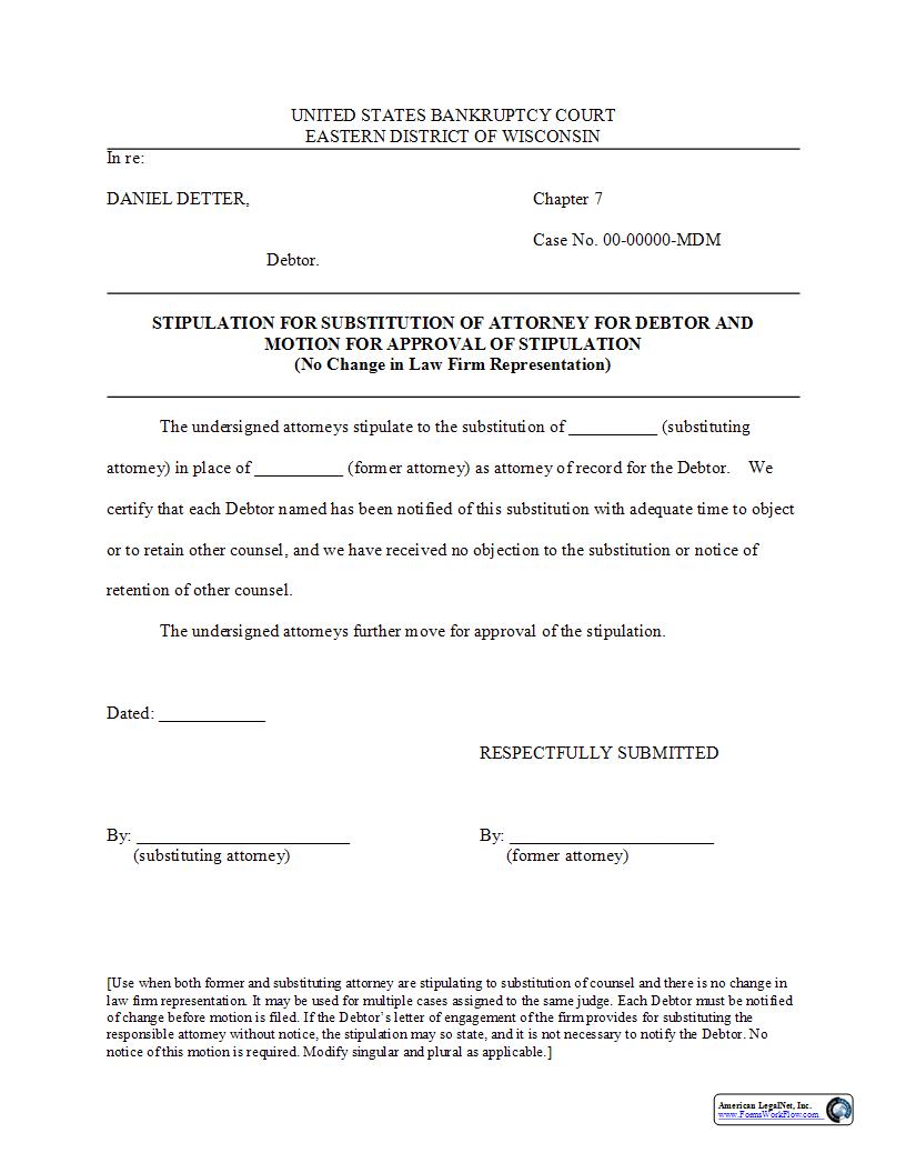 Stipulation For Substitution Of Attorney No Change In Firm | Pdf Fpdf Docx | Wisconsin