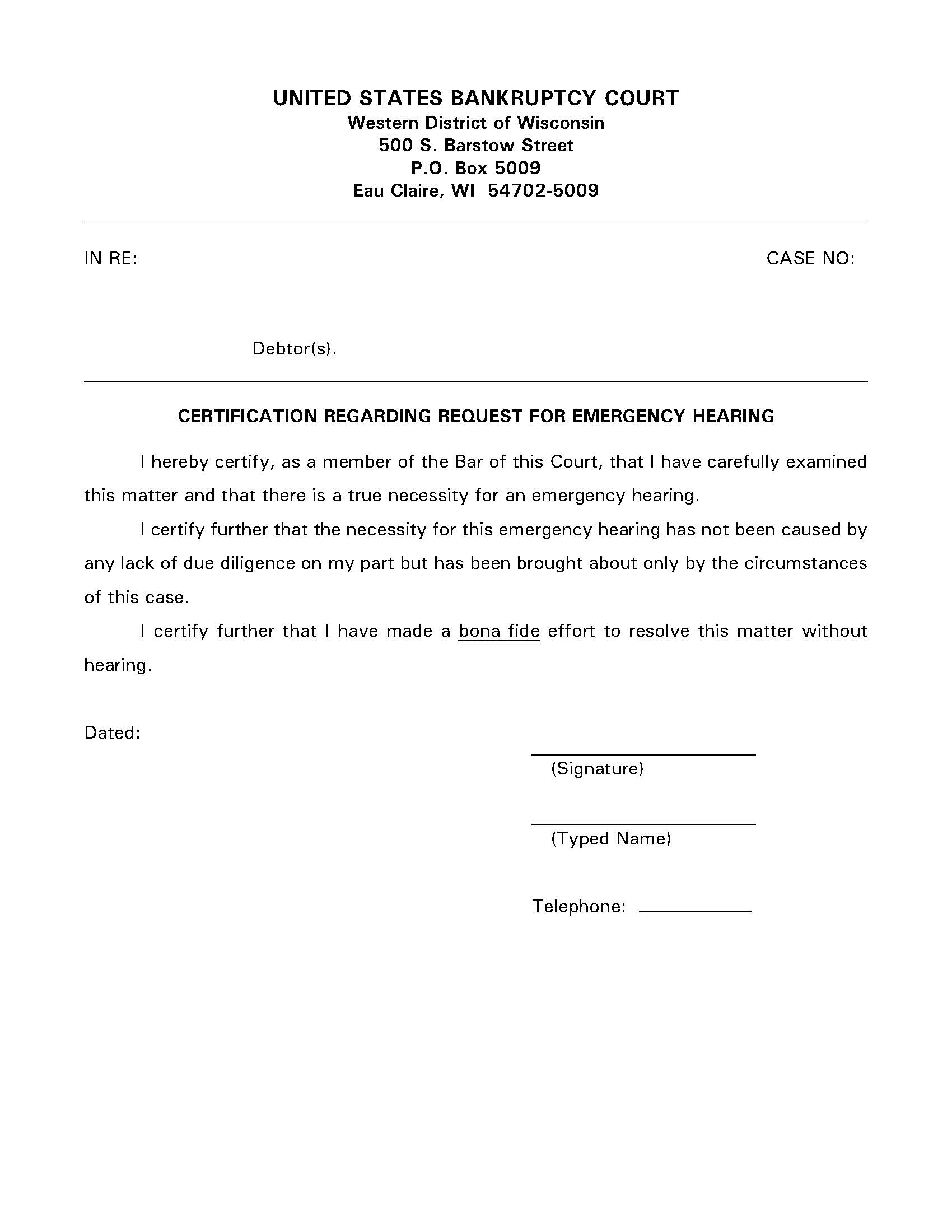 Certification Regarding Request For Emergency Hearing | Pdf Fpdf Docx | Wisconsin
