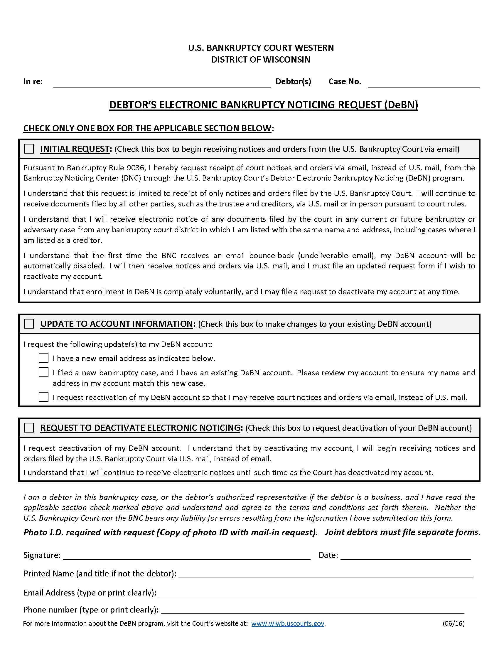 Debtors Electronic Bankruptcy Noticing Request | Pdf Fpdf Docx | Wisconsin