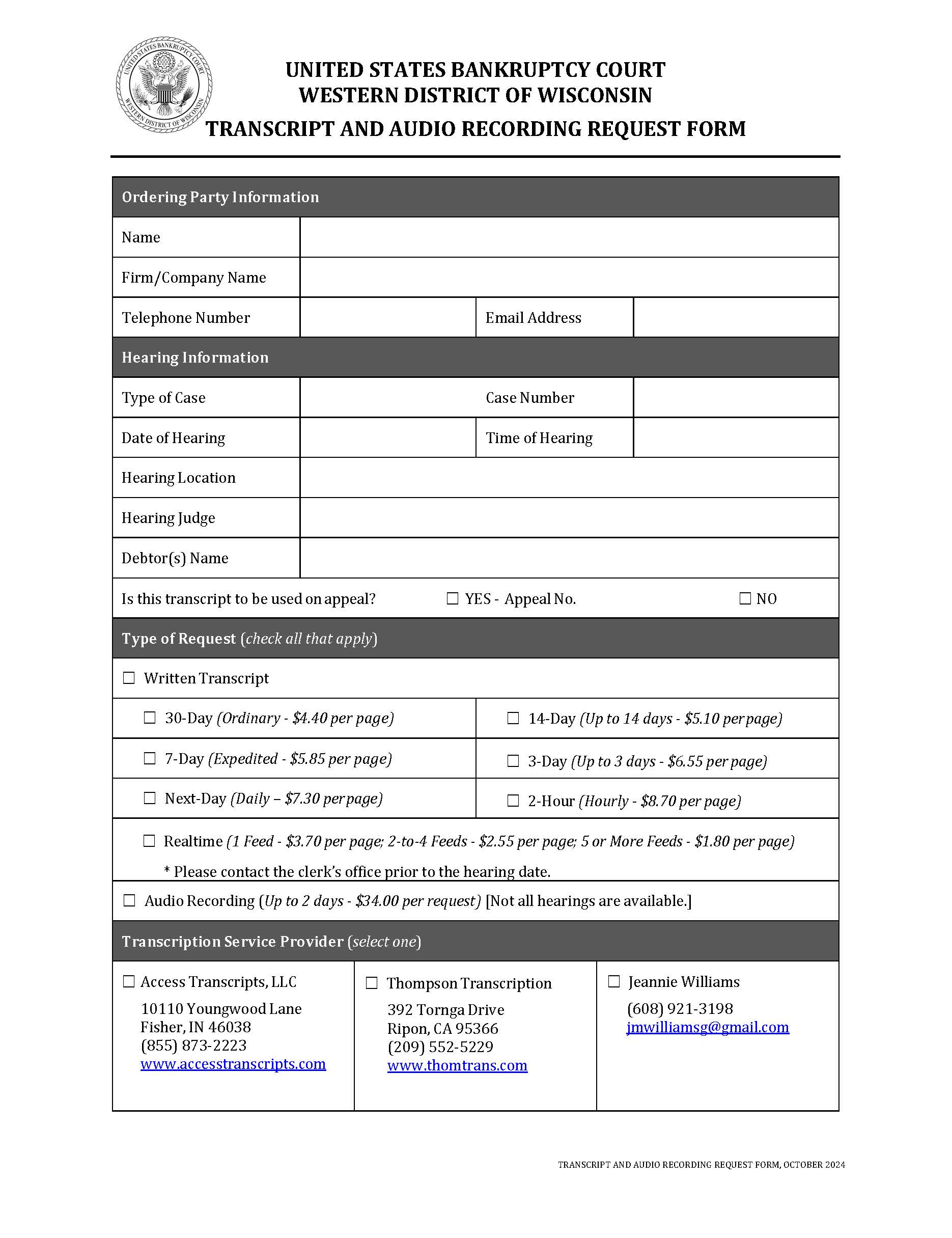 Transcript And Audio Recording Request Form | Pdf Fpdf Docx | Wisconsin