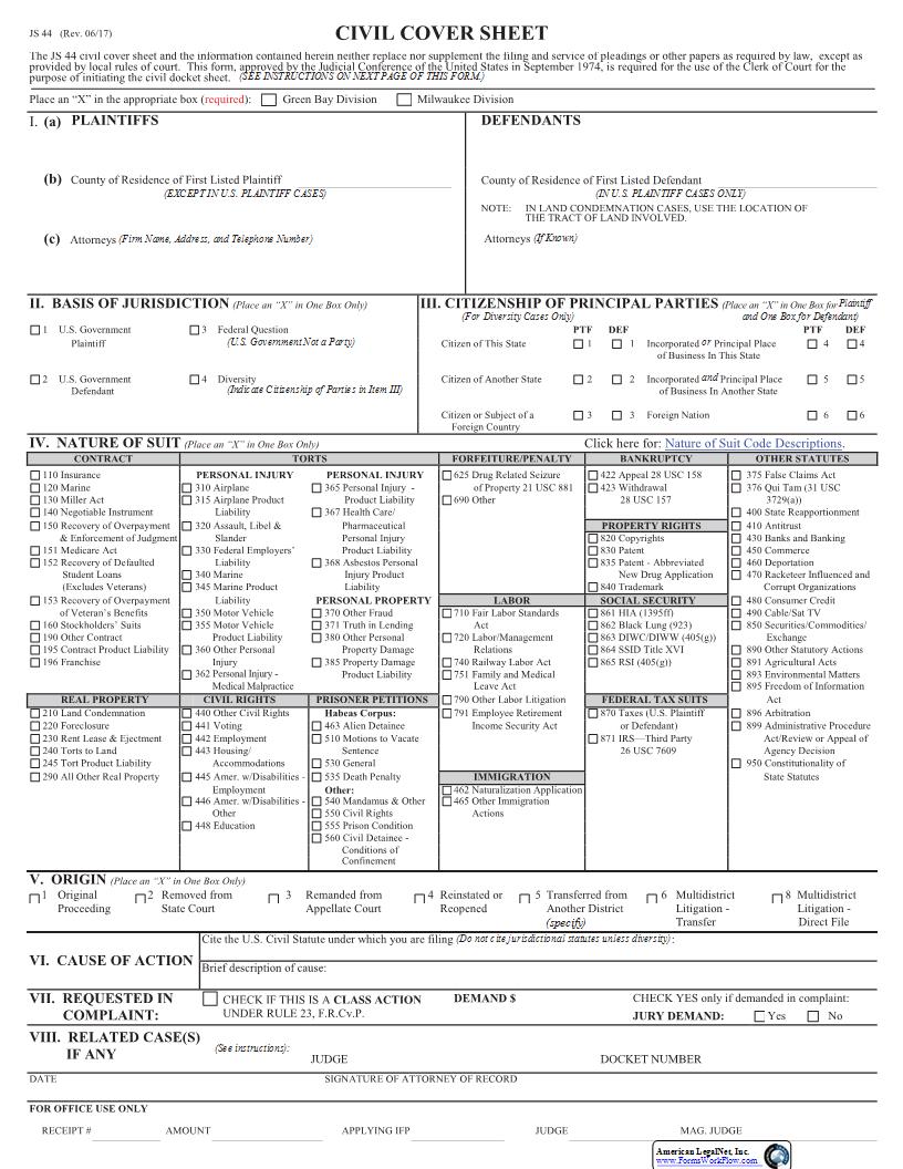 Civil Cover Sheet {JS 44} |  | Wisconsin