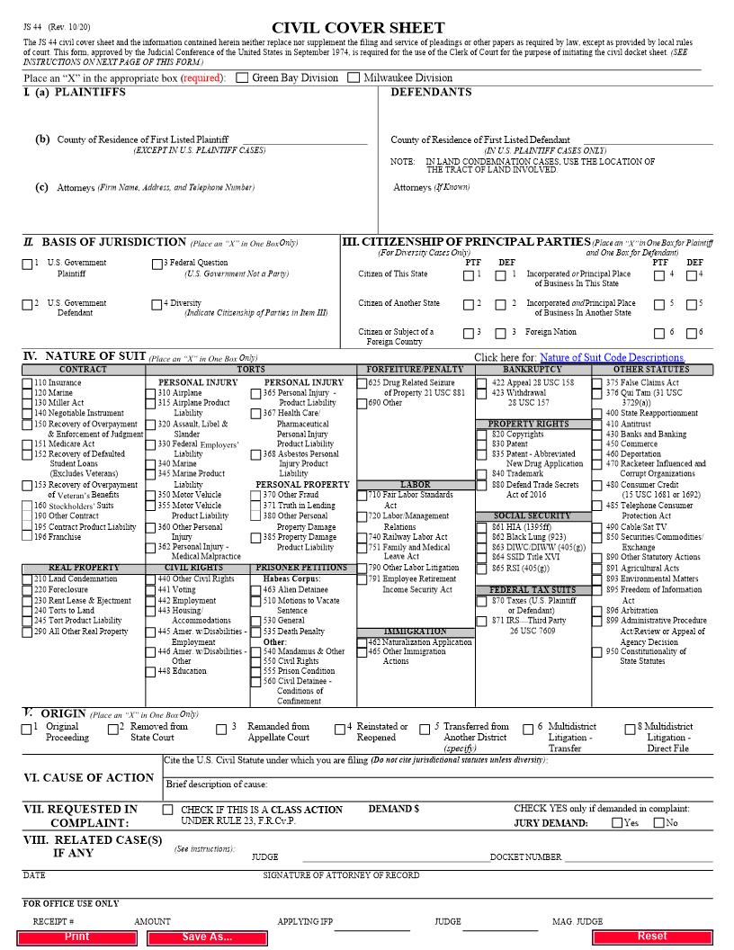Civil Cover Sheet | Pdf Fpdf Docx | Wisconsin