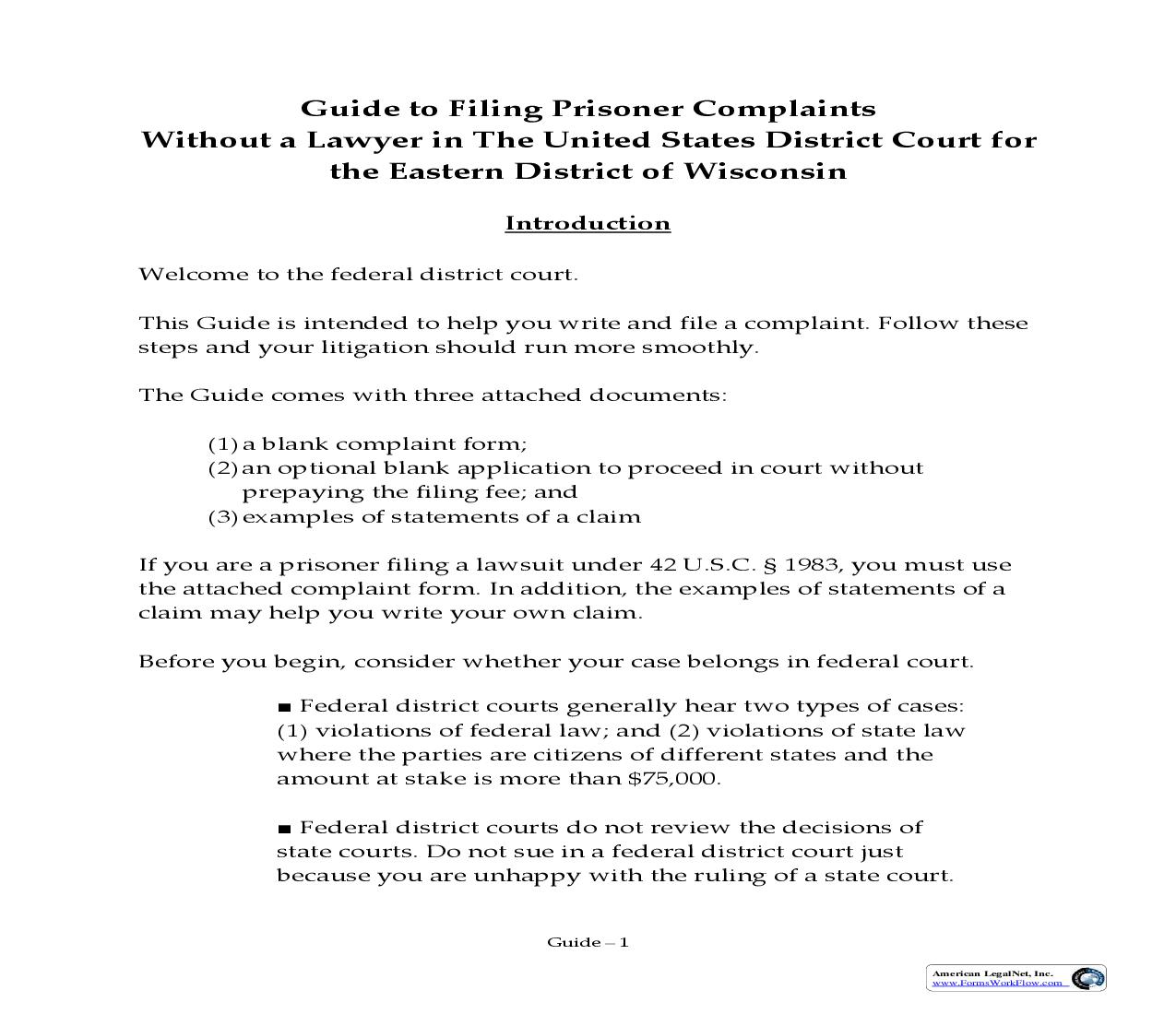 Civil Rights Complaint Prisoner Cases (Without A Lawyer) | Pdf Fpdf Doc Docx | Wisconsin