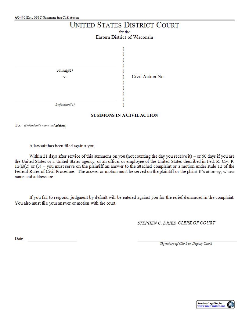 Civil Summons {AO 440} | Pdf Fpdf Docx | Wisconsin