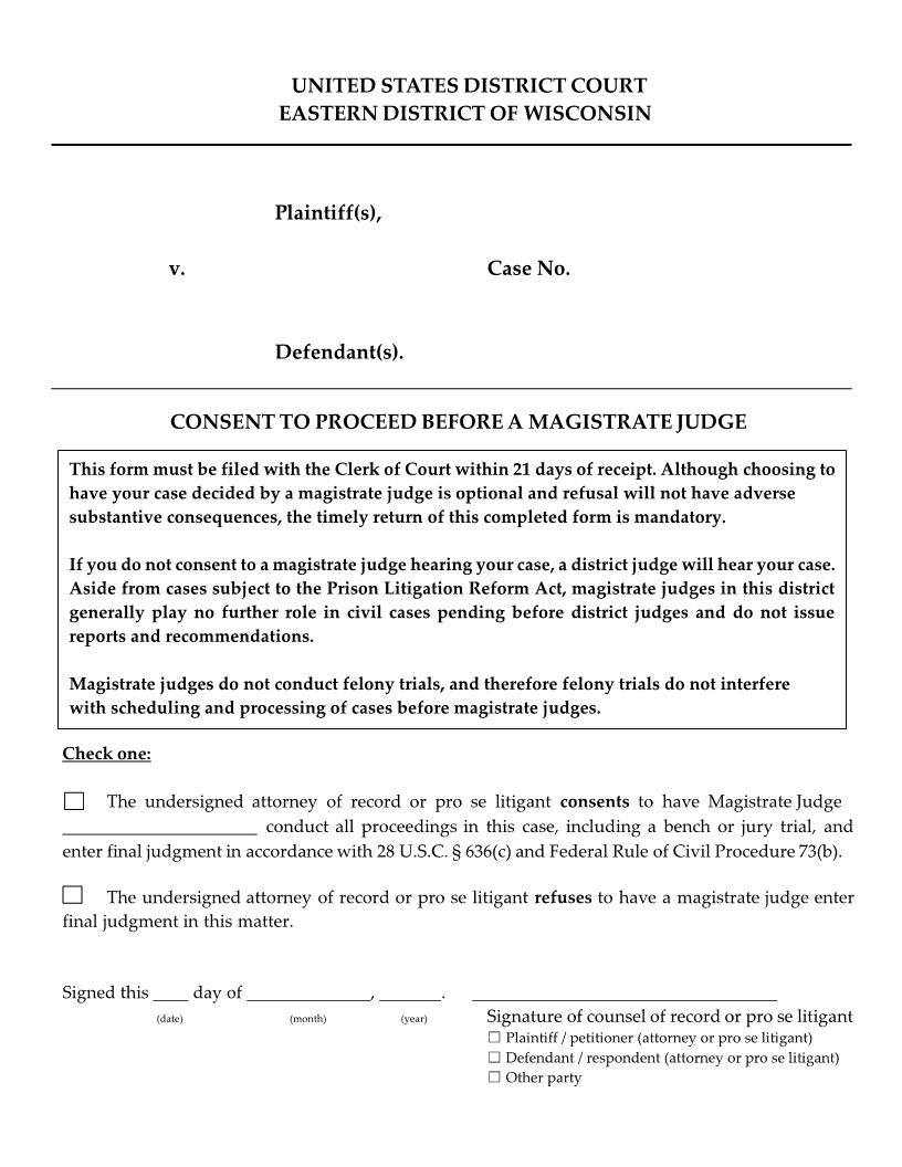 Consent To Proceed Before US Magistrate Judge | Pdf Fpdf Docx | Wisconsin