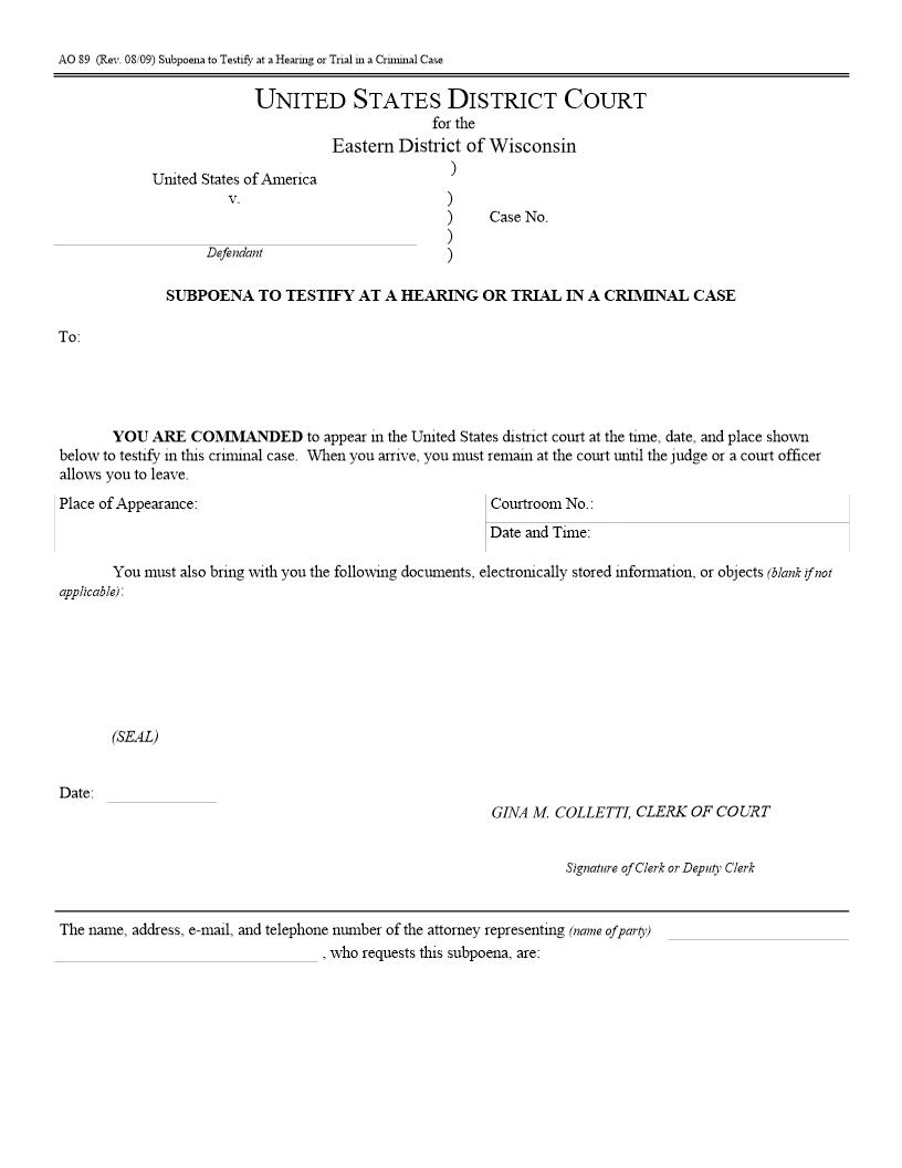 Criminal Subpoena | Pdf Fpdf Doc Docx | Wisconsin