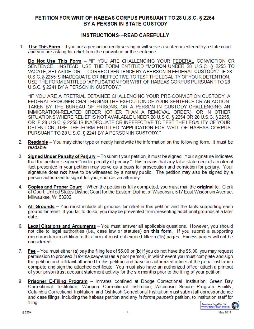 Habeas Corpus Petition (Pur To 28 USC-2254) | Pdf Fpdf Docx | Wisconsin