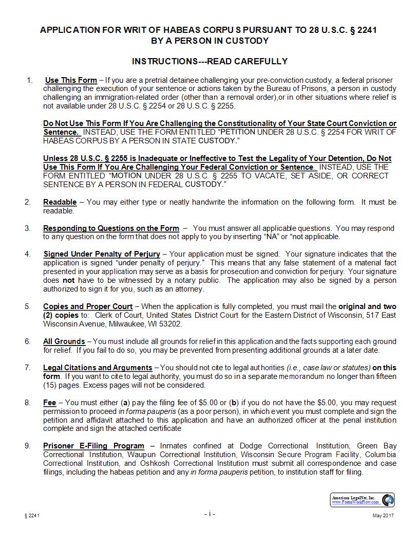 Habeas Corpus Petition By A Person In Custody (Pur To 28 USC-2241) | Pdf Fpdf Docx | Wisconsin