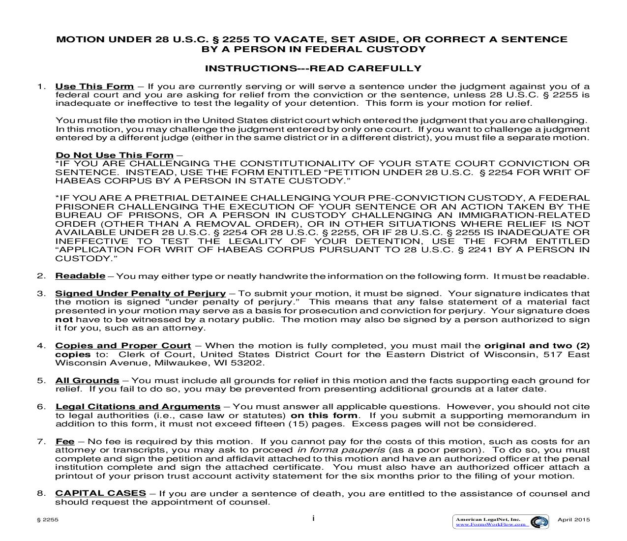 Habeas Corpus Petition To Vacate- Set Aside Or Correct A Sentence (Federal Custody) | Pdf Fpdf Doc Docx | Wisconsin