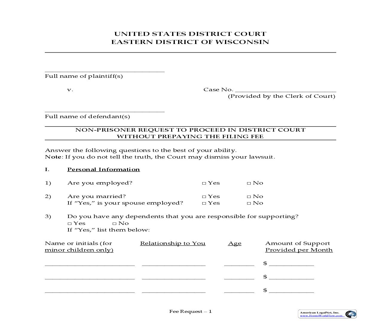 Non-Prisoner Request To Proceed Without Prepaying | Pdf Fpdf Doc Docx | Wisconsin