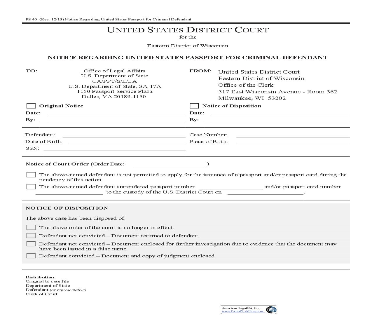 Notice Regarding US Passport For Criminal Defendant | Pdf Fpdf Doc Docx | Wisconsin
