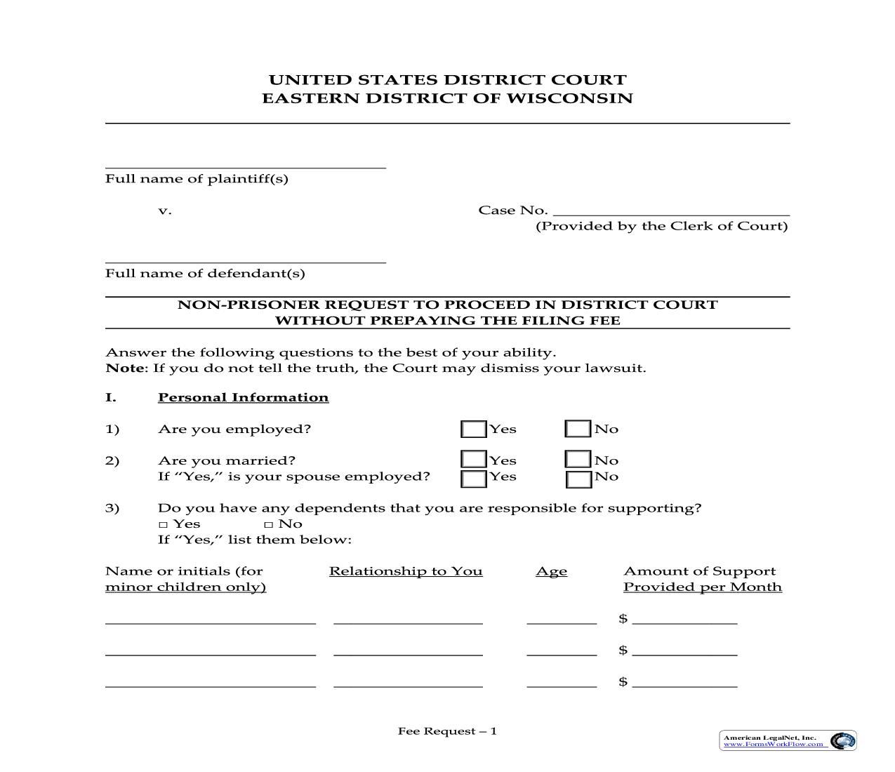 Petition And Affidavit To Proceed Without Prepayment Of Fees And Or Costs | Pdf Fpdf Doc Docx | Wisconsin