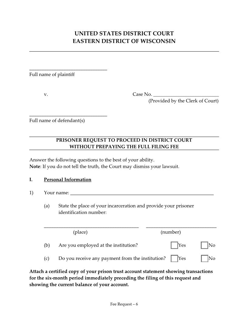 Prisoner Request To Proceed Without Prepaying | Pdf Fpdf Doc Docx | Wisconsin