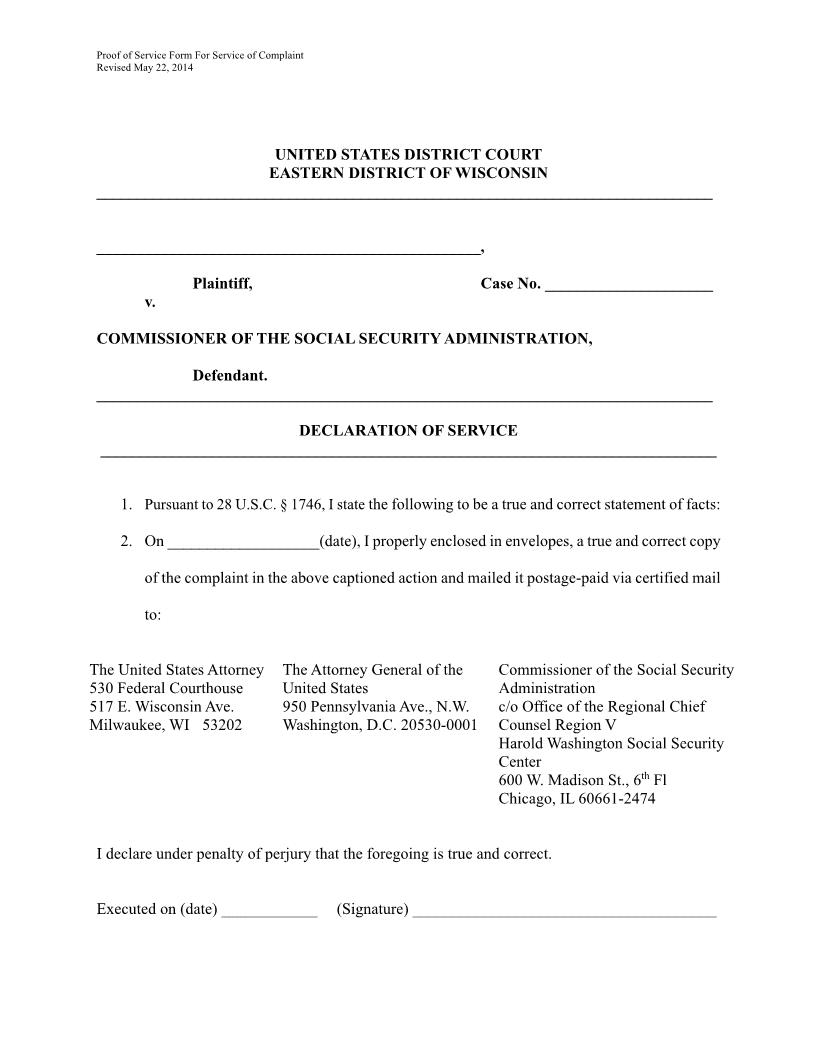 Social Security Declaration Of Service Of Complaint | Pdf Fpdf Docx | Wisconsin