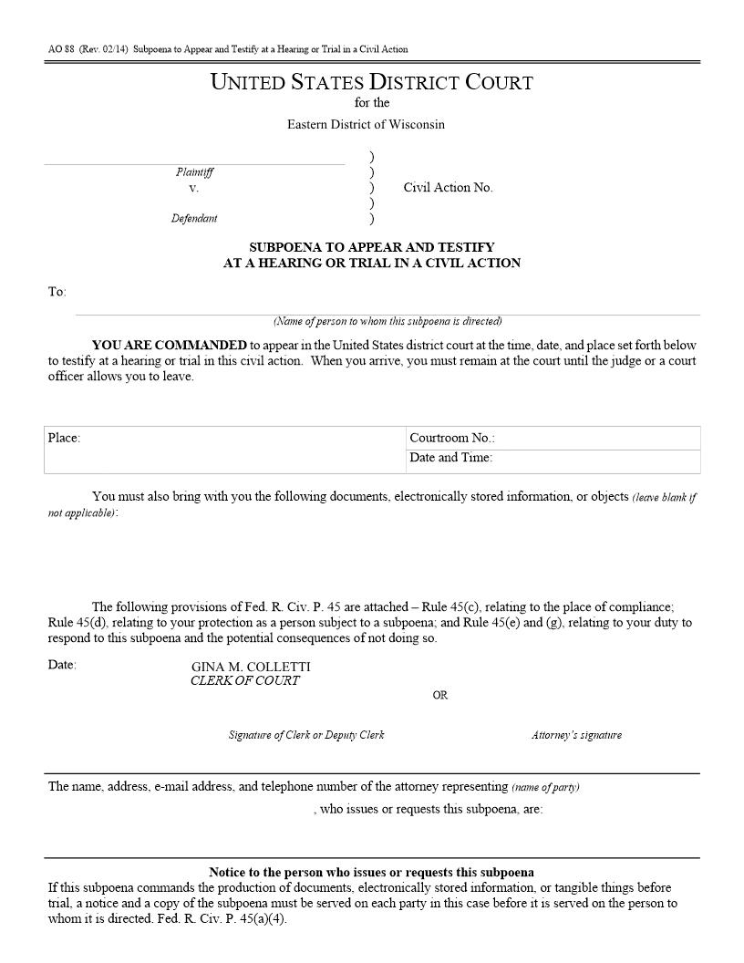 Subpoena To Appear And Testify At A Hearing Or Trial (Civil) | Pdf Fpdf Doc Docx | Wisconsin