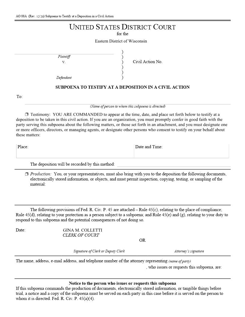 Subpoena To Testify At A Deposition (Civil) | Pdf Fpdf Doc Docx | Wisconsin