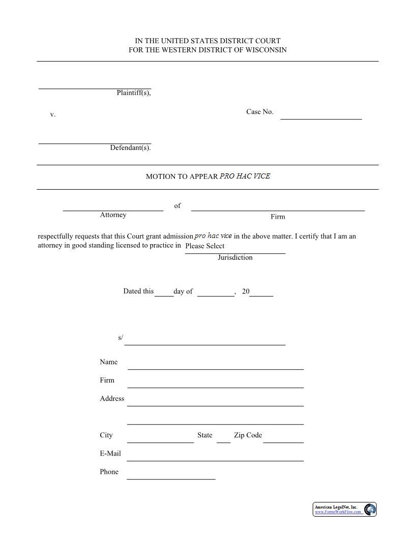 Motion For Admission Pro Hac Vice | Pdf Fpdf Docx | Wisconsin