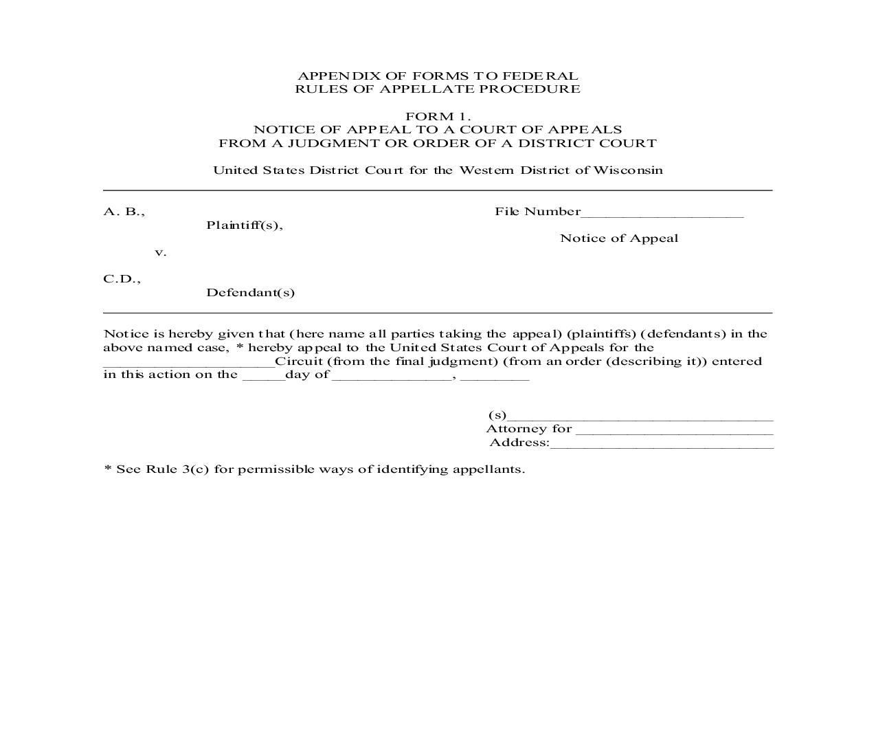 Notice Of Appeal To Court Of Appeals From Judgment Or Order Of A District Court | Pdf Fpdf Doc Docx | Wisconsin