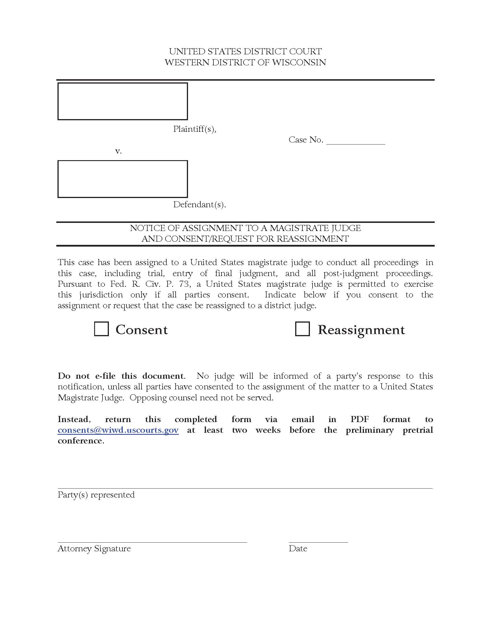 Notice Of Assignment To A Magistrate Judge And Consent Or Request For Reassignment | Pdf Fpdf Doc Docx | Wisconsin