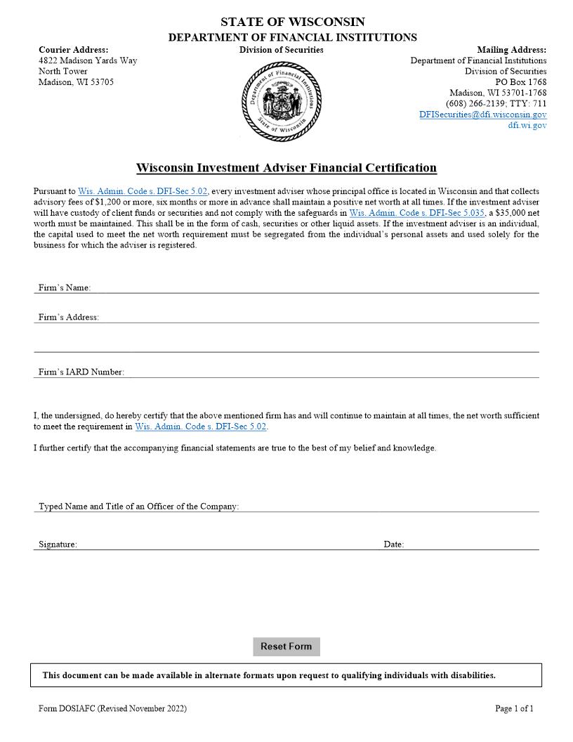 Financial Certification {IAFC} | Pdf Fpdf Docx | Wisconsin