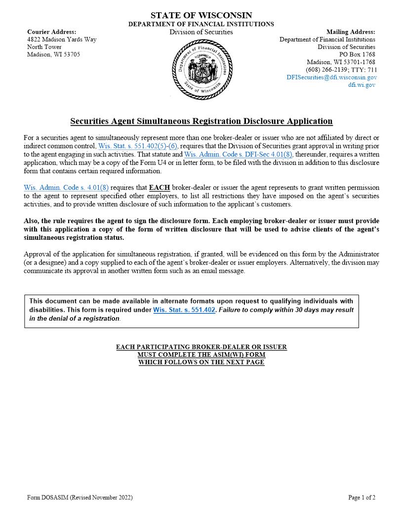 Securities Agent Simultaneous Licensure Disclosure Application {ASIM} | Pdf Fpdf Docx | Wisconsin