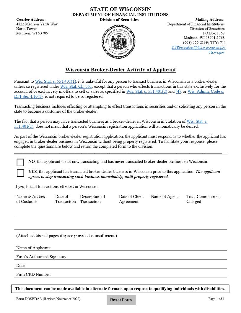 Wisconsin Broker Dealer Activity Of Applicant {BDAA} | Pdf Fpdf Docx | Wisconsin