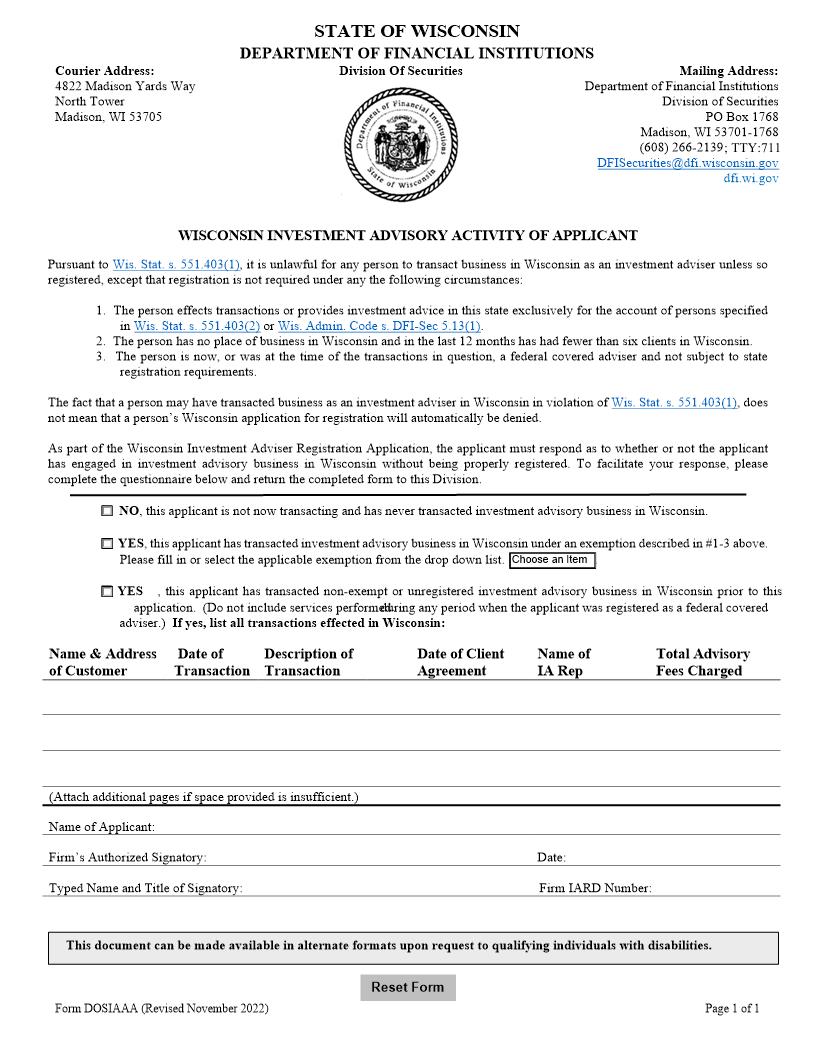 Wisconsin Investment Advisory Activity Of Applicant {IAAA} | Pdf Fpdf Docx | Wisconsin