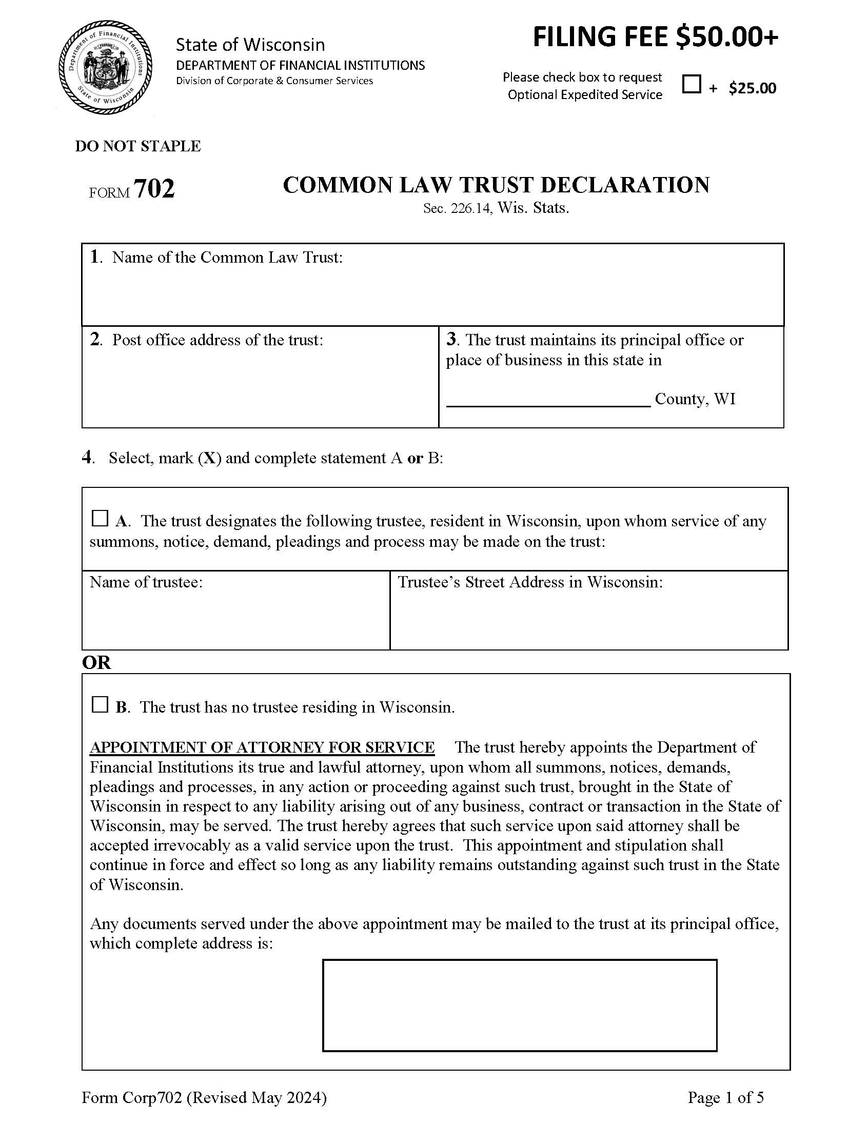 Common Law Trust Declaration {702} | Pdf Fpdf Docx | Wisconsin