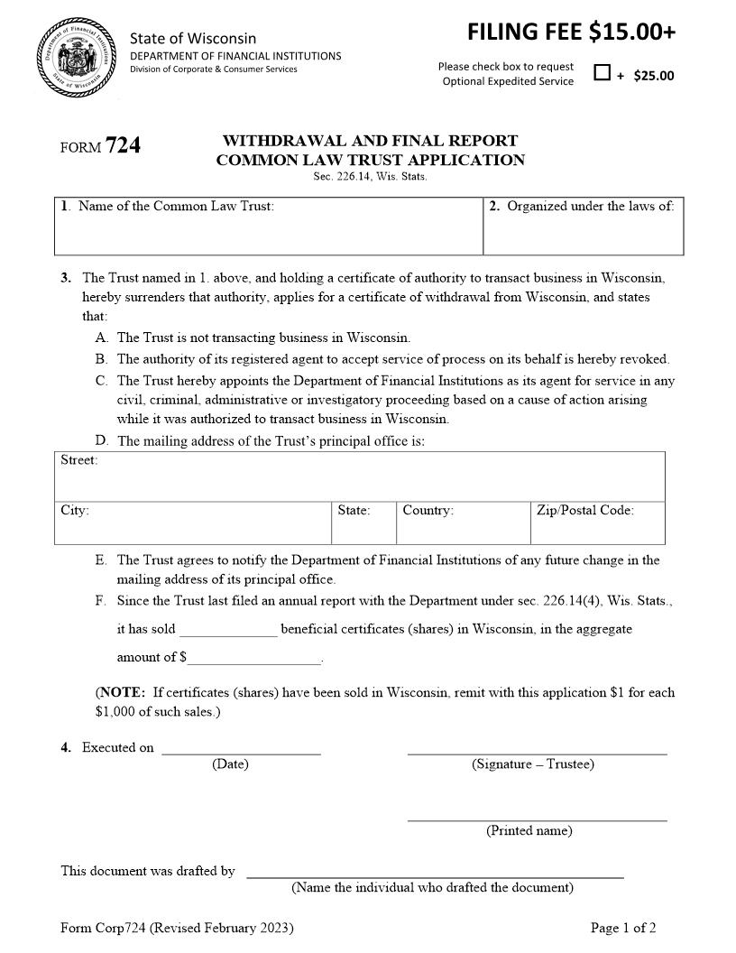 Withdrawal And Final Report For Common Law Trust Application {724} | Pdf Fpdf Docx | Wisconsin