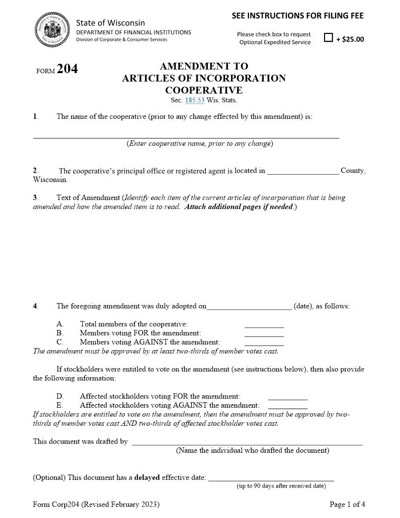 Articles Of Amendment - Cooperative {204} | Pdf Fpdf Docx | Wisconsin