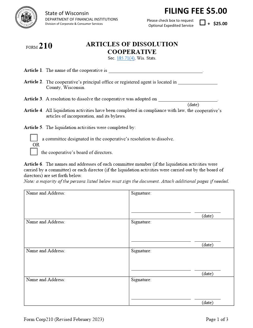 Articles Of Dissolution - Cooperative {210} | Pdf Fpdf Docx | Wisconsin