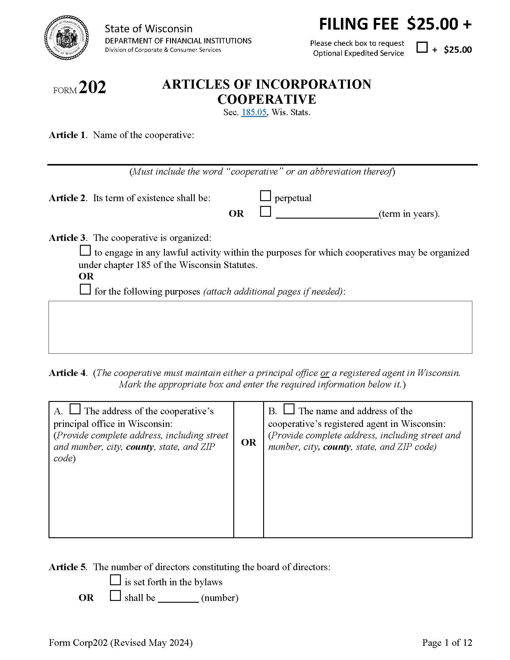 Articles Of Incorporation - Cooperative {202} | Pdf Fpdf Docx | Wisconsin