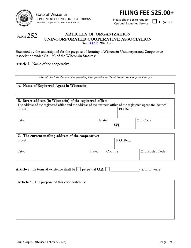 Articles Of Organization Unincorporated Cooperative Association {252} | Pdf Fpdf Docx | Wisconsin