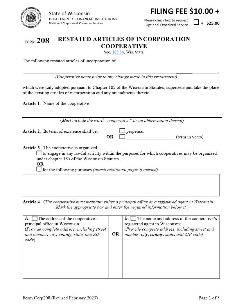 Restated Articles Of Incorporation Cooperative {208} | Pdf Fpdf Docx | Wisconsin