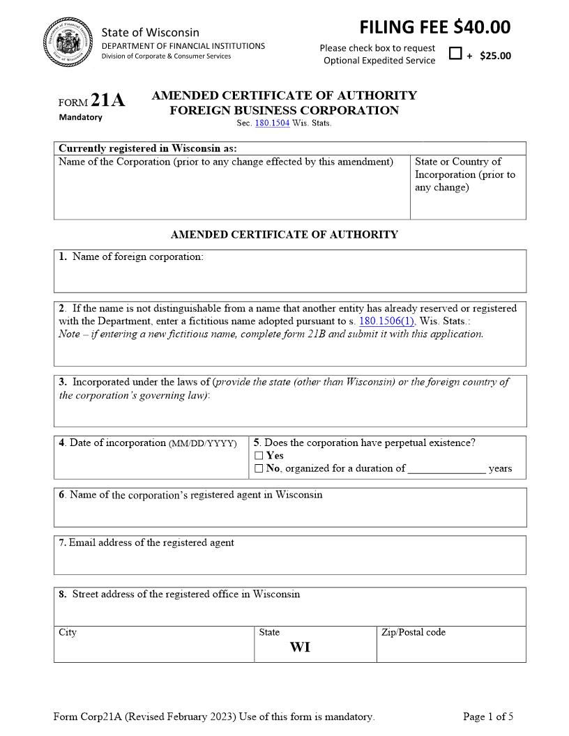 Amended Certificate Of Authority {21A} | Pdf Fpdf Docx | Wisconsin