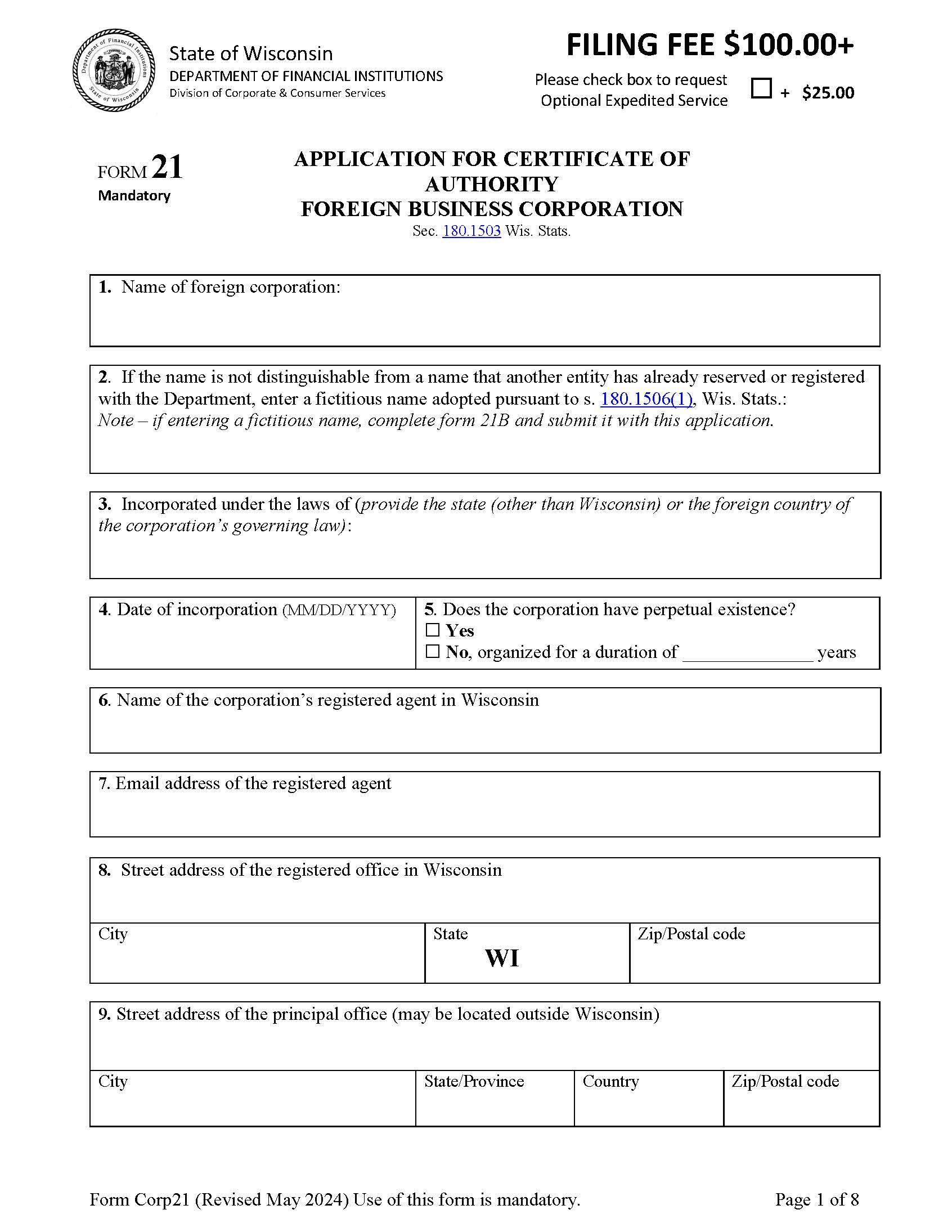 Foreign Business Corporation - Certificate Of Authority Application {21} | Pdf Fpdf Docx | Wisconsin