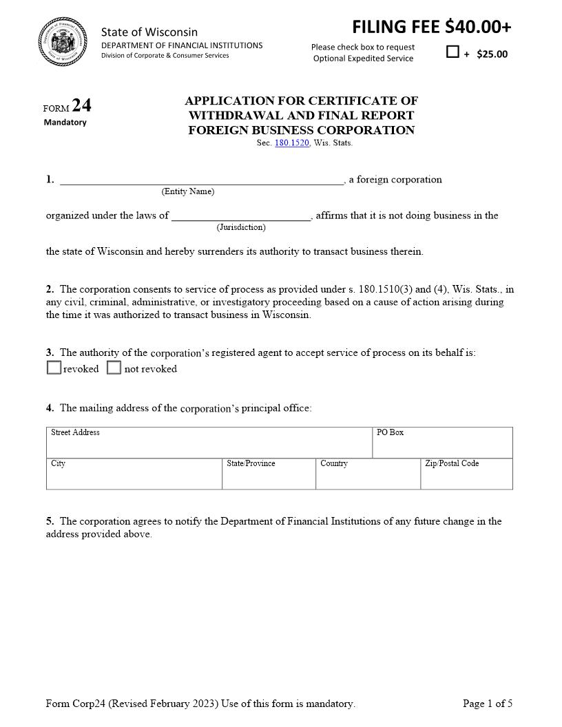 Foreign Business Corporation-Withdrawal And Final Report Application {24} | Pdf Fpdf Docx | Wisconsin