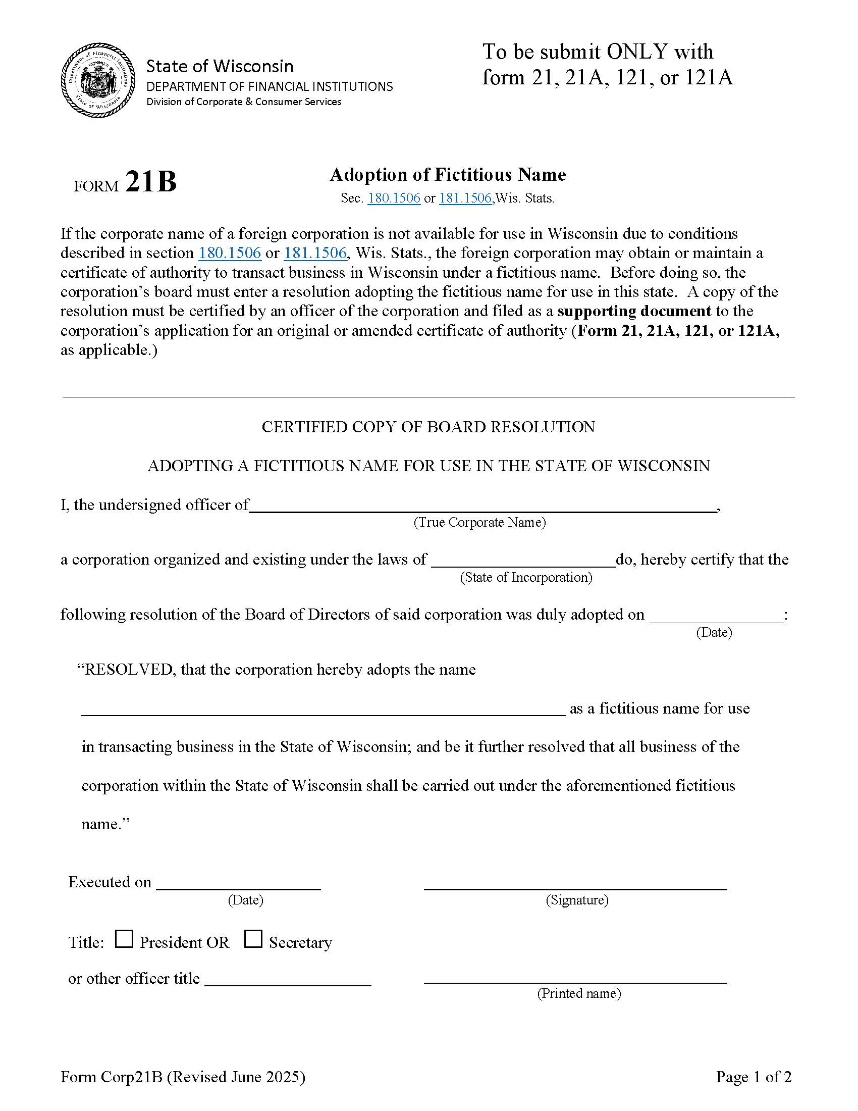 Adoption Of Fictitious Name {21-B} | Pdf Fpdf Docx | Wisconsin
