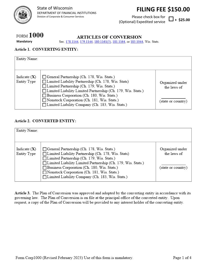Articles Of Conversion {1000} | Pdf Fpdf Docx | Wisconsin