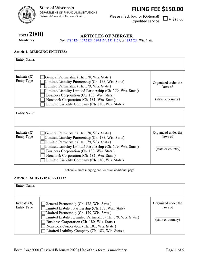 Articles Of Merger {2000} | Pdf Fpdf Docx | Wisconsin
