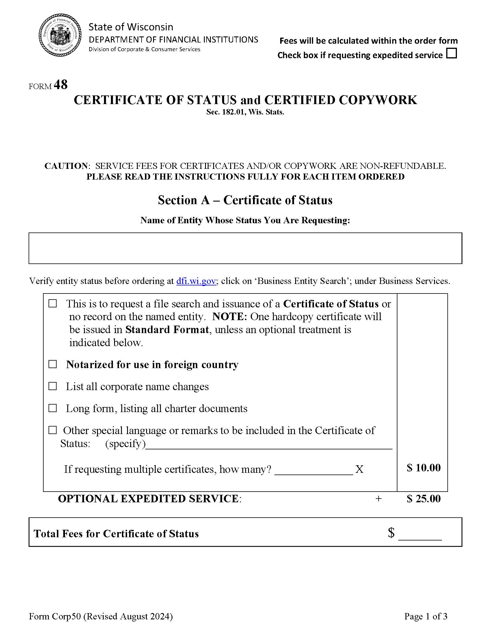 Certificate Of Status And Certified Copy Request {SP48-SP50} | Pdf Fpdf Docx | Wisconsin