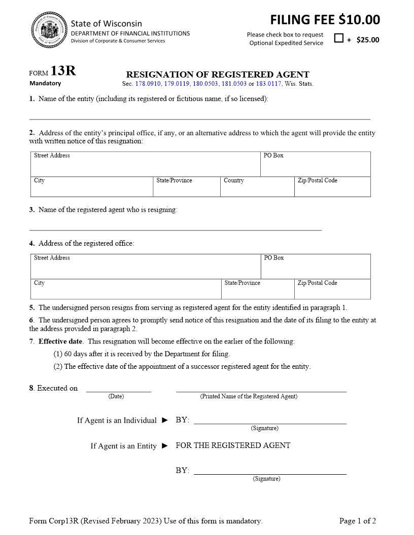 Resignation Of Registered Agent {13-R} | Pdf Fpdf Docx | Wisconsin