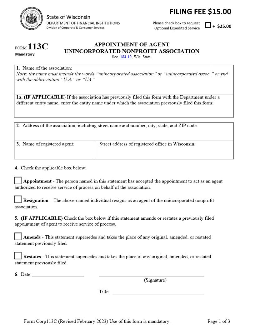 Unincorporated Nonprofit Association Appointment Of Agent {113-C} | Pdf Fpdf Docx | Wisconsin