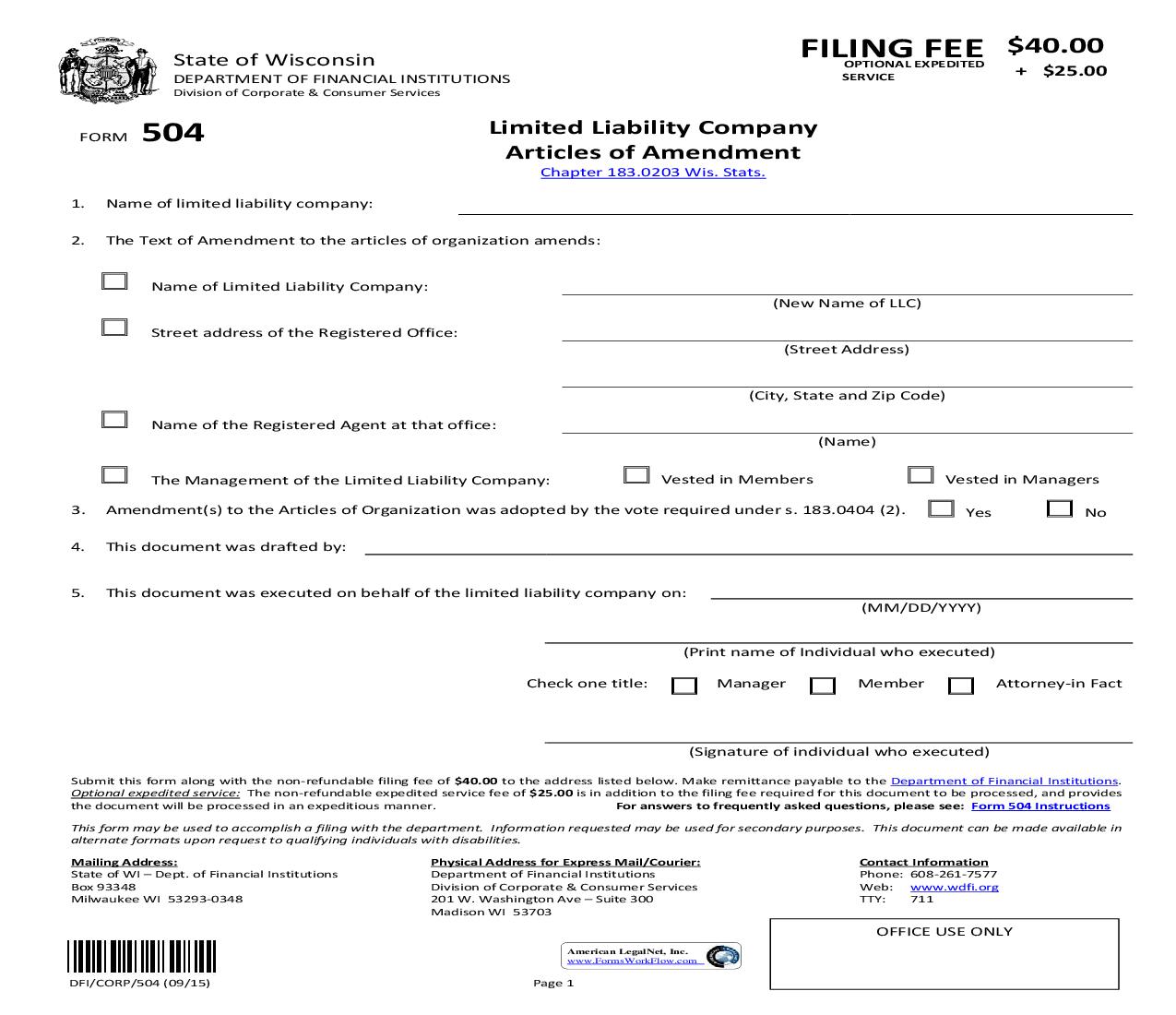 Articles Of Amendment - Limited Liability Company {504} |  | Wisconsin