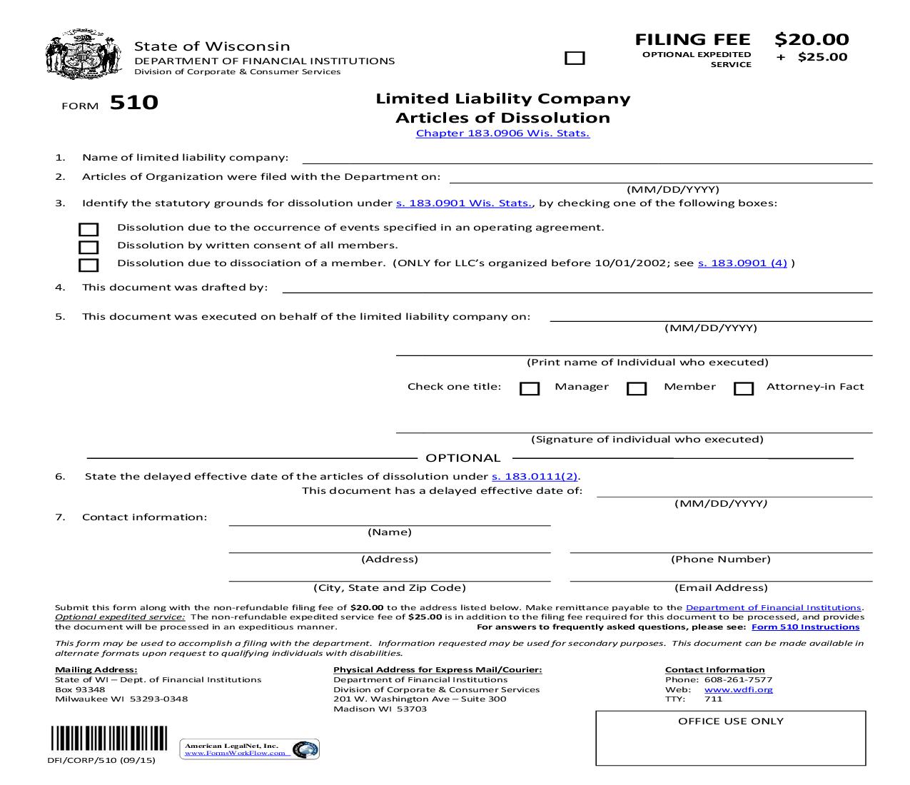 Articles Of Dissolution - Limited Liability Company {510} |  | Wisconsin