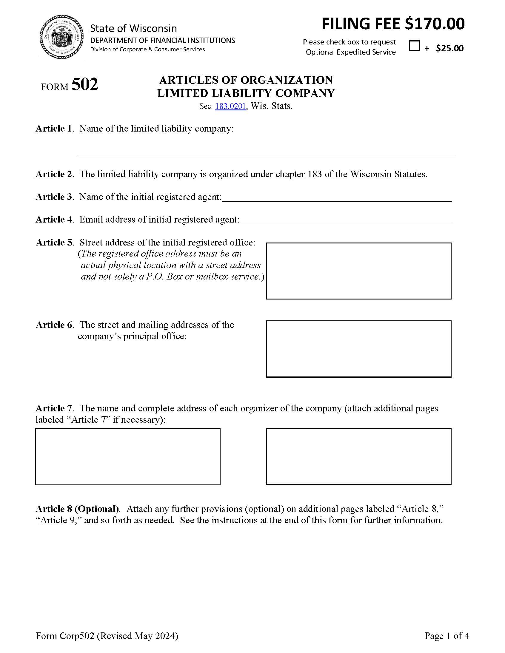 Articles Of Organization LLC {502} | Pdf Fpdf Docx | Wisconsin