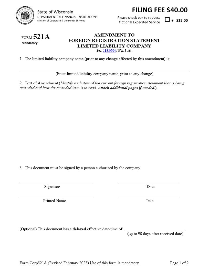 Foreign LLC Amended Certificate Of Registration {521-A} | Pdf Fpdf Docx | Wisconsin