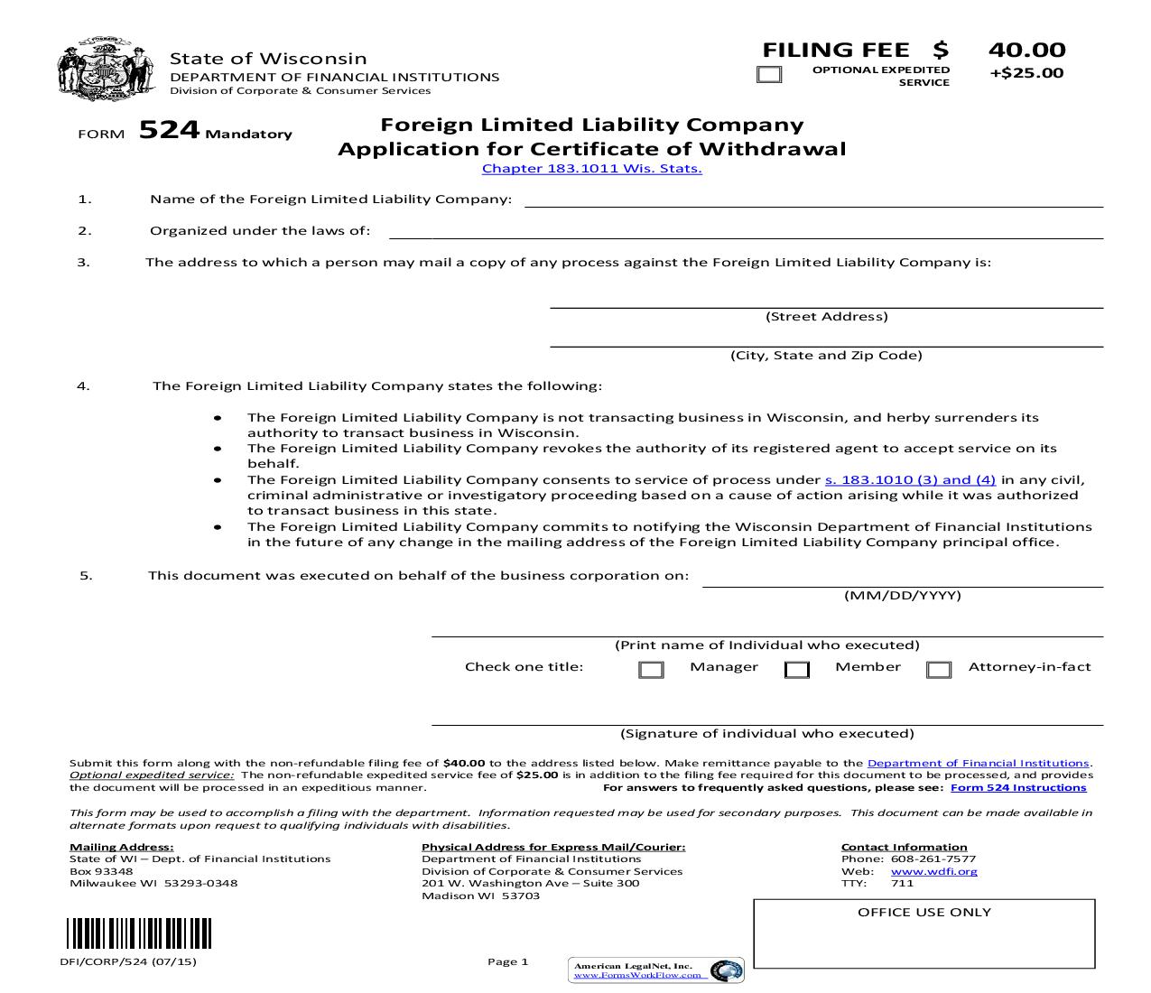 Foreign Limited Liability Company Withdrawal Application {524} |  | Wisconsin